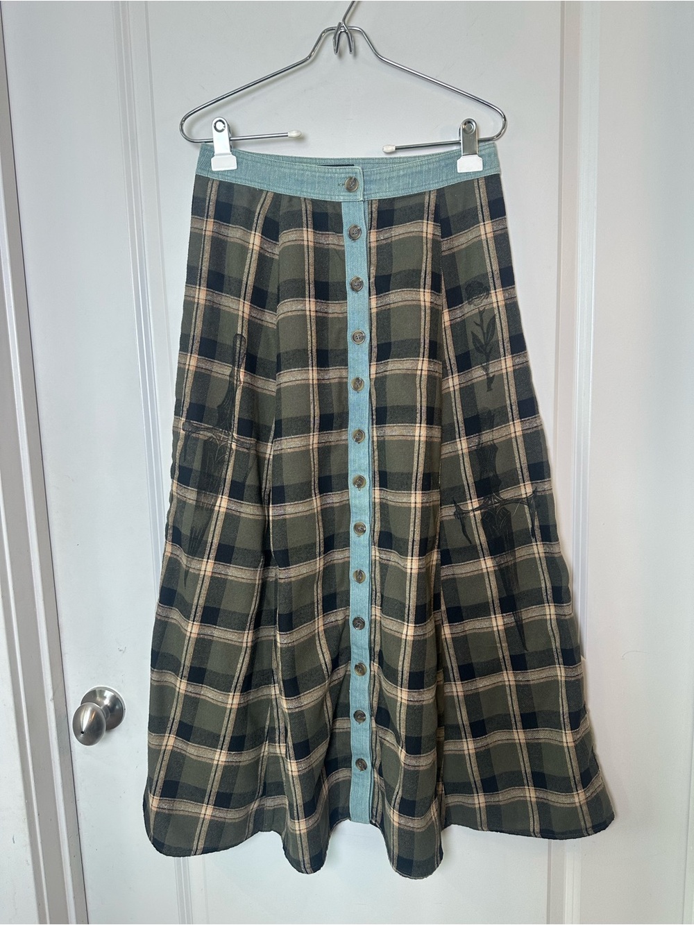 WRONG SIDE OF RIGHT Plaid Denim Button Up  Cross & Rose Flannel Maxi Skirt, 1 XS